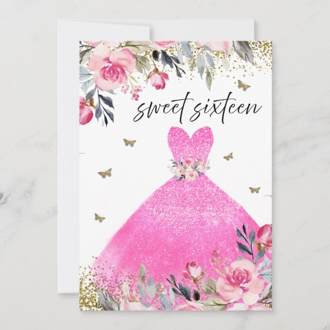 Blush Pink Gown Dress Floral Sweet 16 Party Invitation (Front)