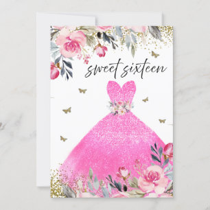 Blush Pink Gown Dress Floral Sweet 16 Party Invitation