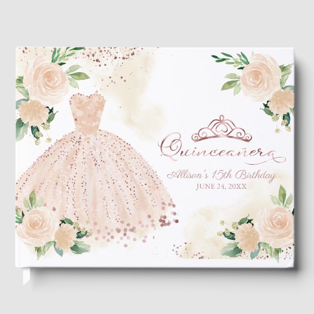  Blush Pink Gown Floral Quinceanera Guest Book (Front)