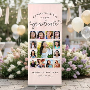 Blush Pink Grad K–12 Script Hearts Photo Collage Retractable Banner