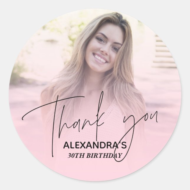 Blush Pink Gradient Photo Birthday Thank you Classic Round Sticker (Front)