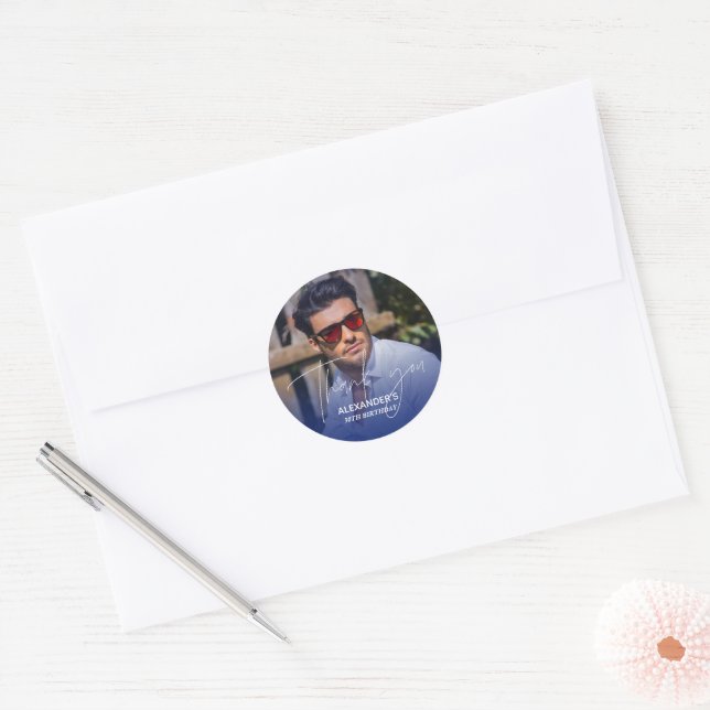 Blush Pink Gradient Photo Birthday Thank you Classic Round Sticker (Envelope)