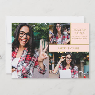 Blush Pink Graduate 3 Photo Gold Graduation Party  Invitation
