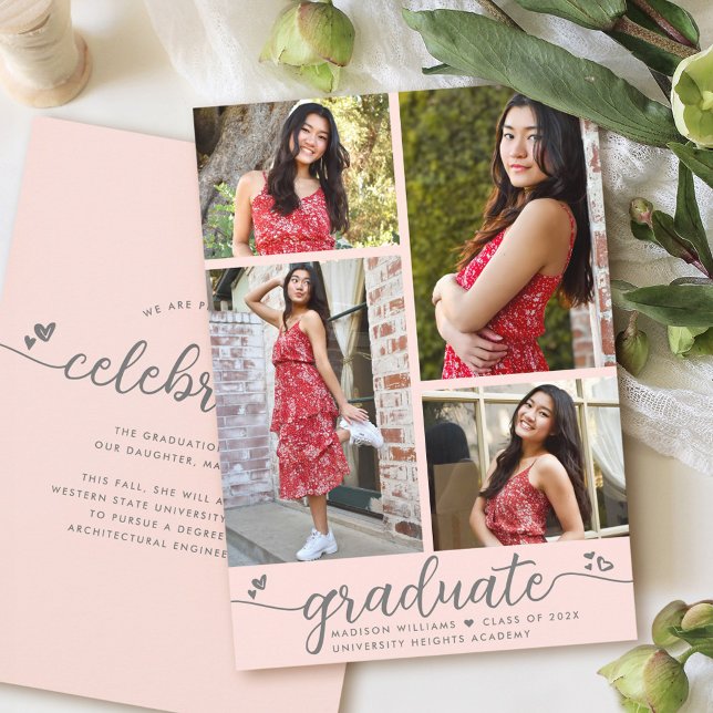 Blush Pink Graduation 4 Photo Modern Script Hearts Announcement (Creator Uploaded)