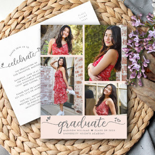 Blush Pink Graduation 4 Photo Modern Script Hearts Invitation Postcard