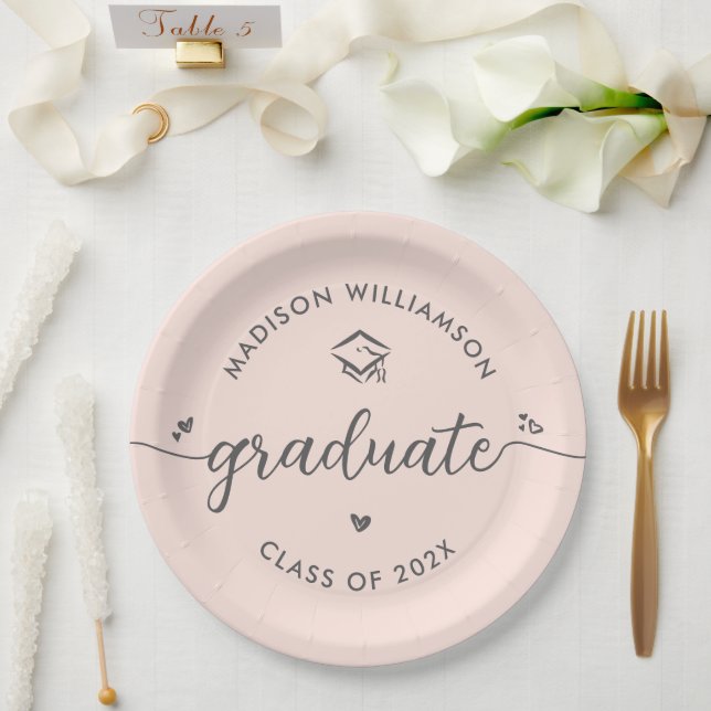 Blush Pink Graduation Gray Script Hearts Cap Bold Paper Plate (Wedding)