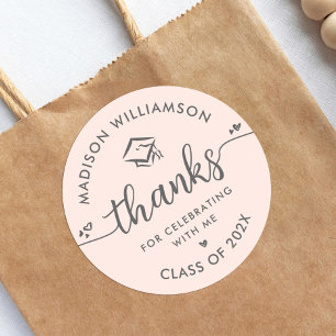 Blush Pink Graduation Modern Thank You Script Cap Classic Round Sticker