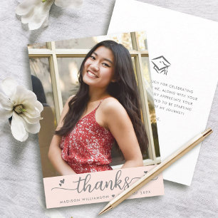 Blush Pink Graduation Photo Modern Script Hearts Thank You Card