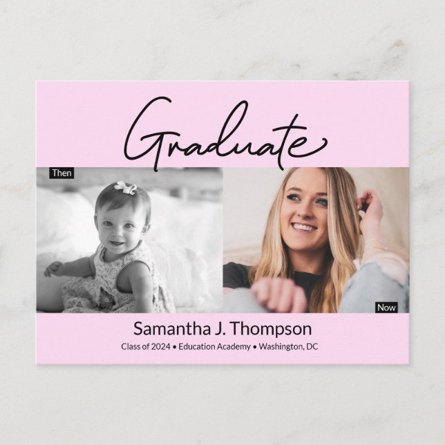 Blush pink Graduation Then and Now Graduate Photos Announcement Postcard (Front)