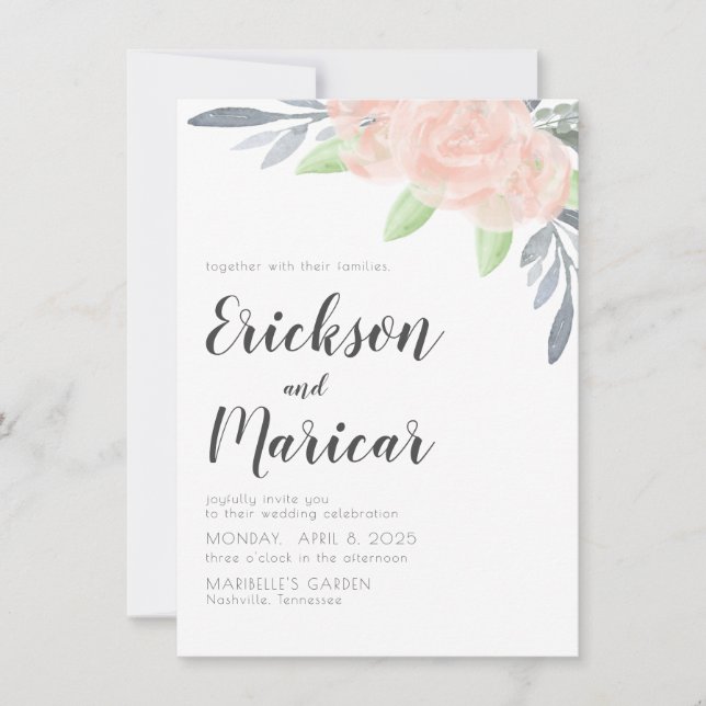 Blush Pink & Gray Floral | Wedding Invitation (Front)