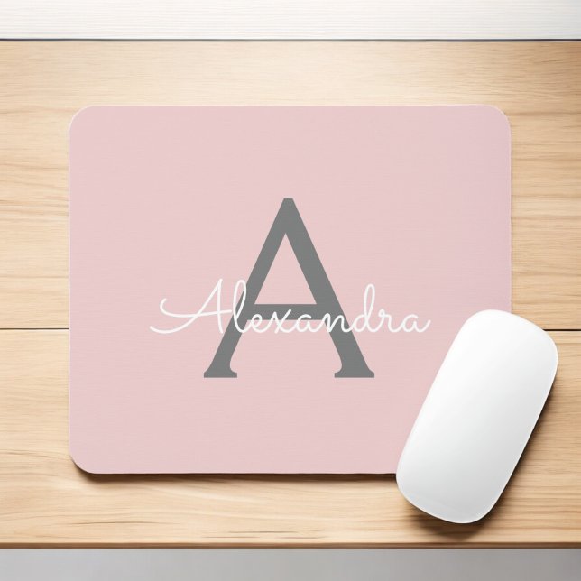 Blush Pink Gray Girly Script Monogram Name Modern Mouse Mat (Creator Uploaded)