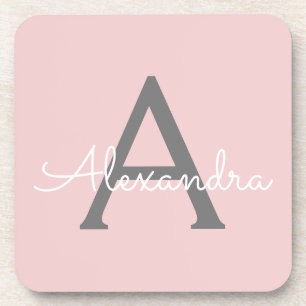 Blush Pink Gray Modern Script Girly Monogram Name Coaster