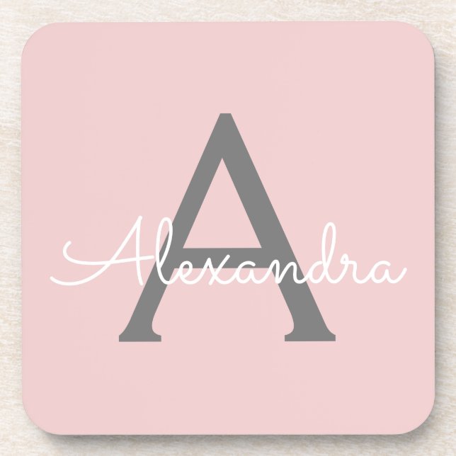 Blush Pink Gray Modern Script Girly Monogram Name Coaster (Front)