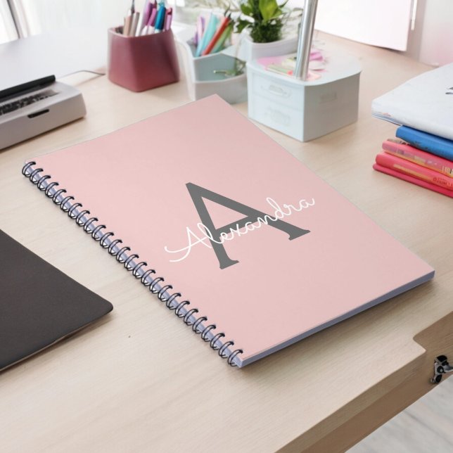 Blush Pink Gray Modern Script Girly Monogram Name Notebook (Creator Uploaded)