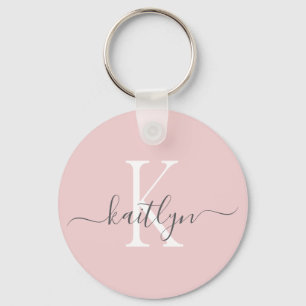 Blush Pink Gray Name Initial Monogram Key Ring