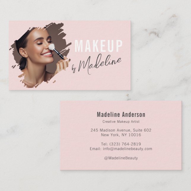 Blush Pink Gray Script Photo Makeup Business Card (Front/Back)
