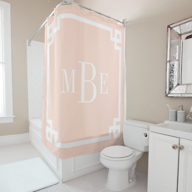 Blush Pink Greek Key Border Monogram Shower Curtain (In Situ)