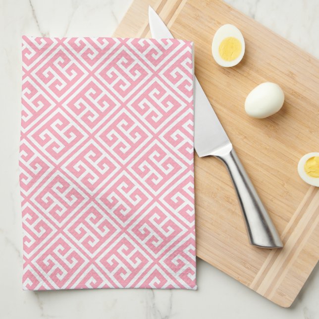 Blush Pink Greek Key Pattern Tea Towel (Quarter Fold)