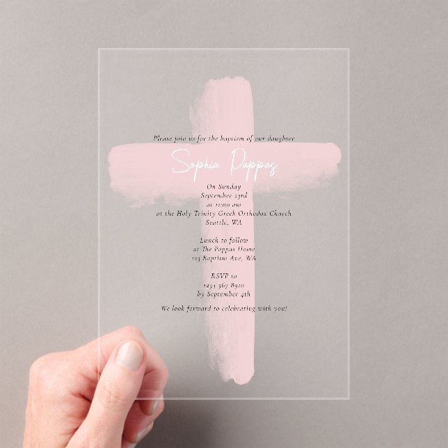 Blush Pink Greek Orthodox Christening Girl Baptism Acrylic Invitations (Insitu (Handheld))