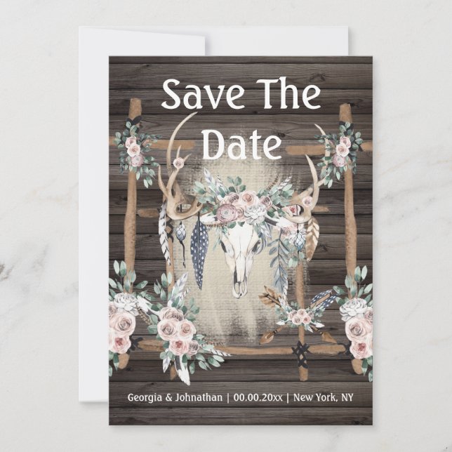 Blush pink green boho antler tribal feather wood save the date (Front)