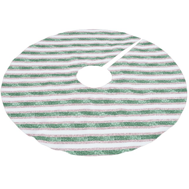 Blush Pink Green Glitter Stripes Christmas   Brushed Polyester Tree Skirt (Angled)