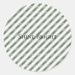 Blush Pink Green Glitter Stripes Christmas   Classic Round Sticker