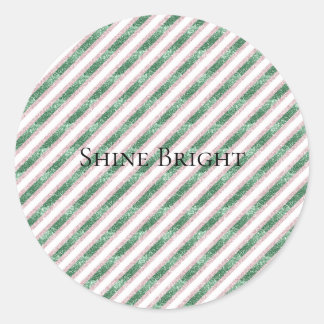 Blush Pink Green Glitter Stripes Christmas Classic Round Sticker