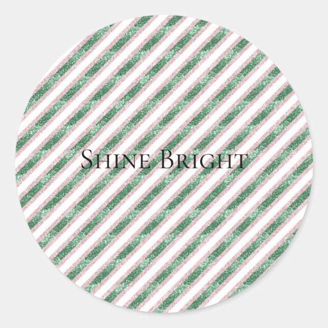Blush Pink Green Glitter Stripes Christmas   Classic Round Sticker (Front)