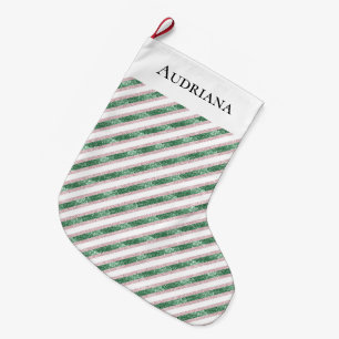 Blush Pink Green Glitter Stripes Christmas Large Christmas Stocking