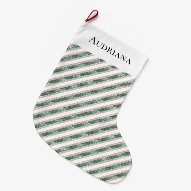 Blush Pink Green Glitter Stripes Christmas   Large Christmas Stocking (Front (Hanging))