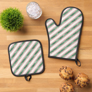 Blush Pink Green Glitter Stripes Christmas   Oven Mitt & Pot Holder Set