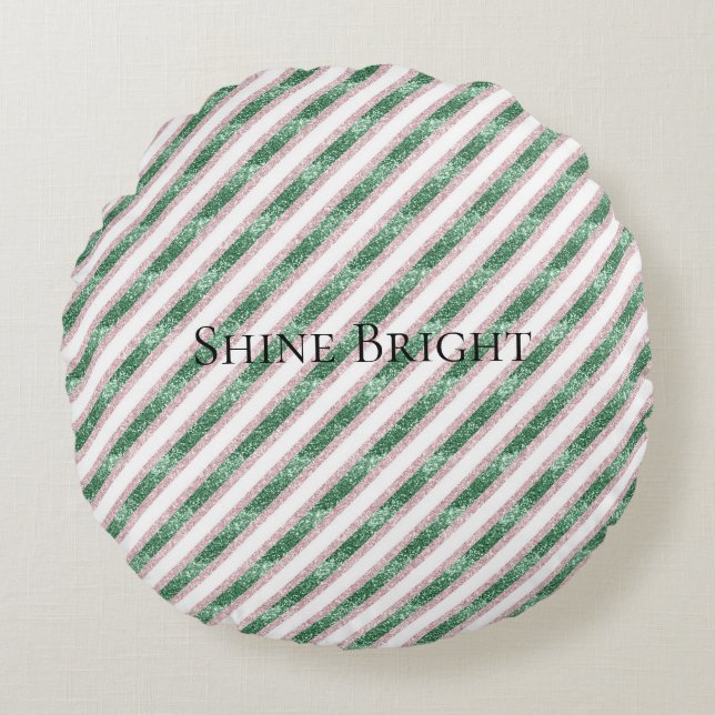 Blush Pink Green Glitter Stripes Christmas   Round Cushion (Front)