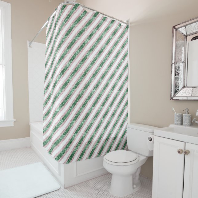 Blush Pink Green Glitter Stripes Christmas   Shower Curtain (In Situ)