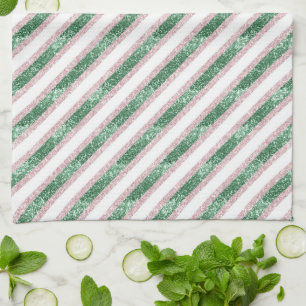 Blush Pink Green Glitter Stripes Christmas   Tea Towel