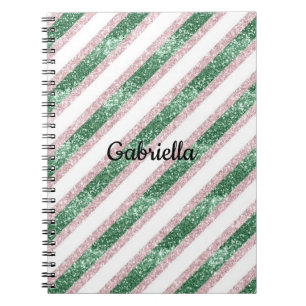 Blush Pink Green Glitter Stripes Notebook