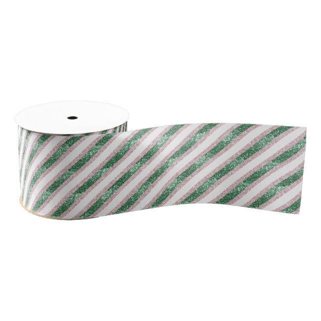 Blush Pink Green Glitzy Glitter Stripes Christmas Grosgrain Ribbon (Spool)