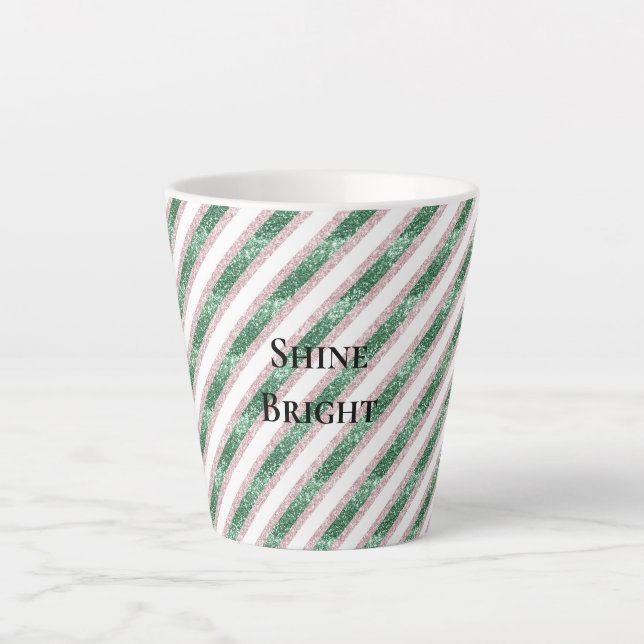 Blush Pink Green Glitzy Glitter Stripes Christmas Latte Mug (Front)