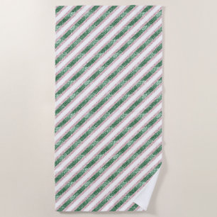Blush Pink Green Glitzy Stripes Beach Towel