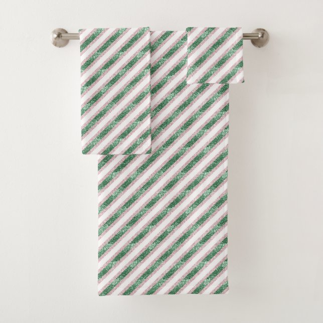 Blush Pink Green Glitzy Stripes Christmas Bath Towel Set (Insitu)