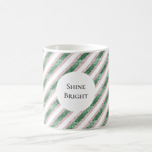 Blush Pink Green Glitzy Stripes Christmas Coffee Mug