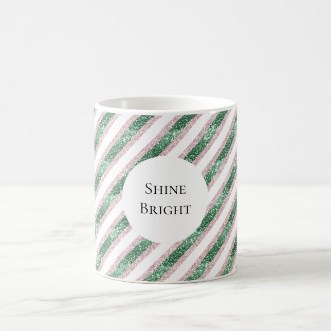 Blush Pink Green Glitzy Stripes Christmas Coffee Mug (Center)
