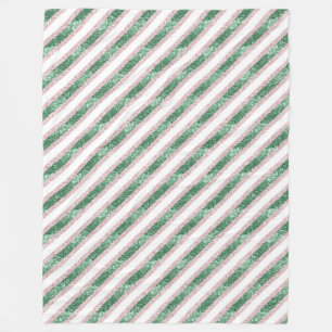 Blush Pink Green Glitzy Stripes Christmas Fleece Blanket
