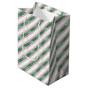 Blush Pink Green Glitzy Stripes Christmas Medium Gift Bag