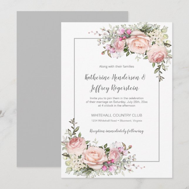 Blush Pink Green Grey Watercolor Floral Wedding Invitation (Front/Back)
