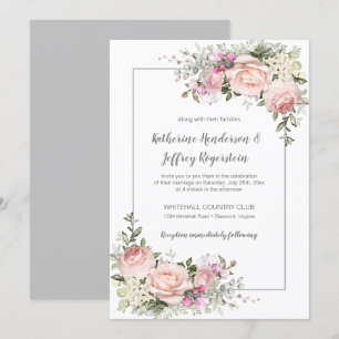Blush Pink Green Grey Watercolor Floral Wedding Invitation