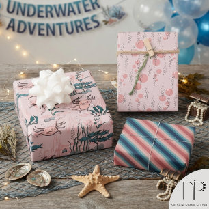 Blush Pink & Green Mexican Salamander Axolotl Girl Wrapping Paper Sheet