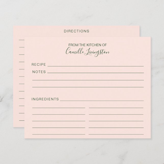 Blush Pink Green Minimalist Custom Recipe Cards (Front/Back)