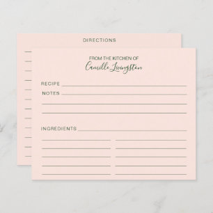 Blush Pink Green Minimalist Custom Recipe Cards
