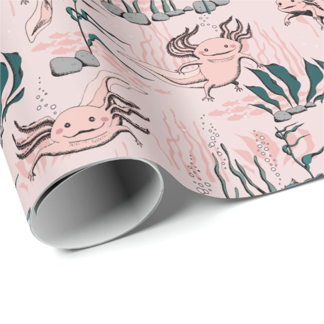 Blush Pink & Green Underwater Axolotl Baby Girl Wrapping Paper (Roll Corner)