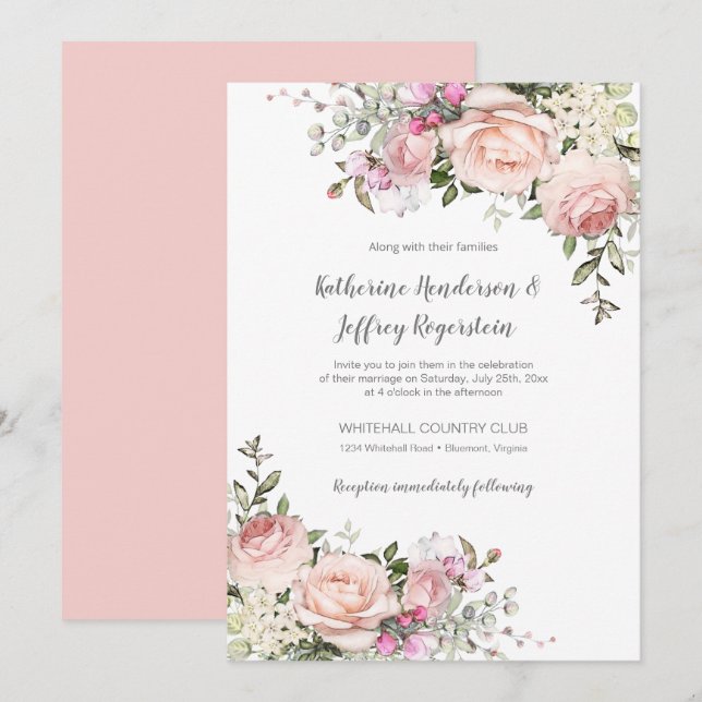 Blush Pink Green Watercolor Floral Wedding Invitat Invitation (Front/Back)